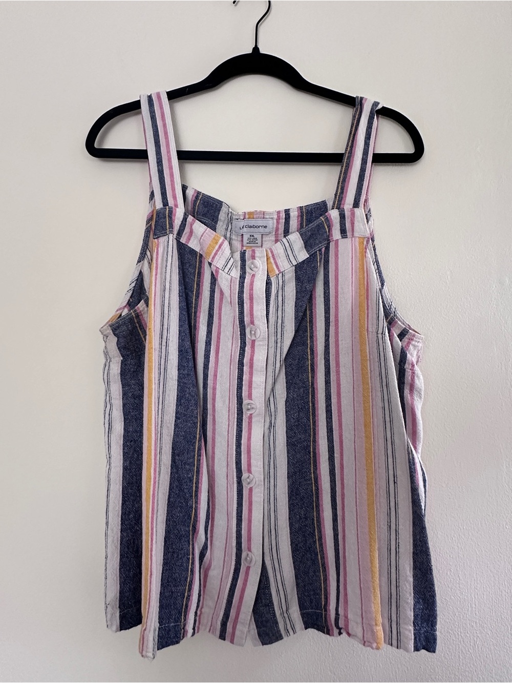 Striped Button-Front Linen Tank Top in Navy, Pink & Yellow